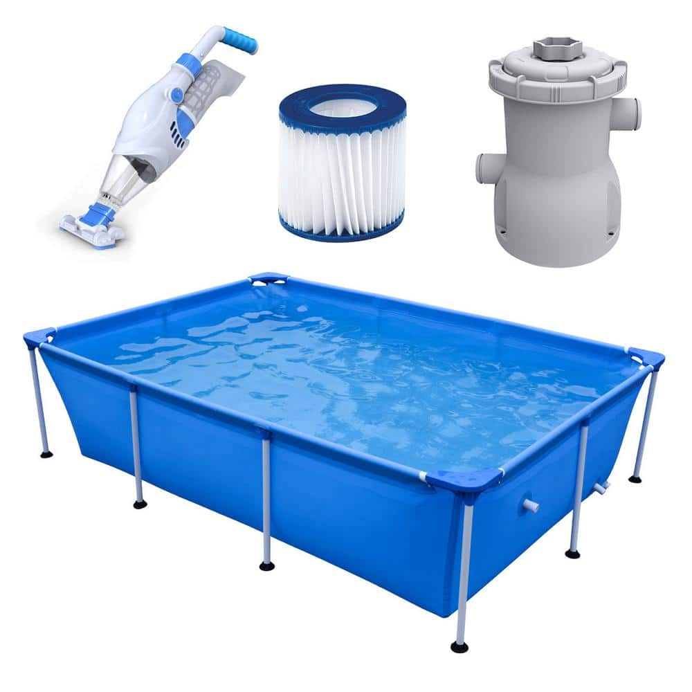 JLeisure 102 in. x 72 in. Rectangle 26 in. D Metal Frame Pool Bundle with Handheld Vacuum, Filter Pump and Cartridge 17818 + 29P414US + 29P481 + 290717