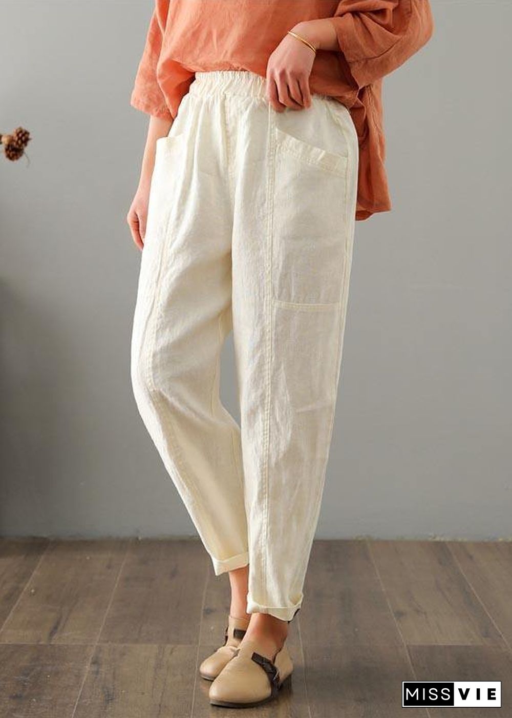 Organic Beige High Waist Harem Cotton Linen Pants Summer