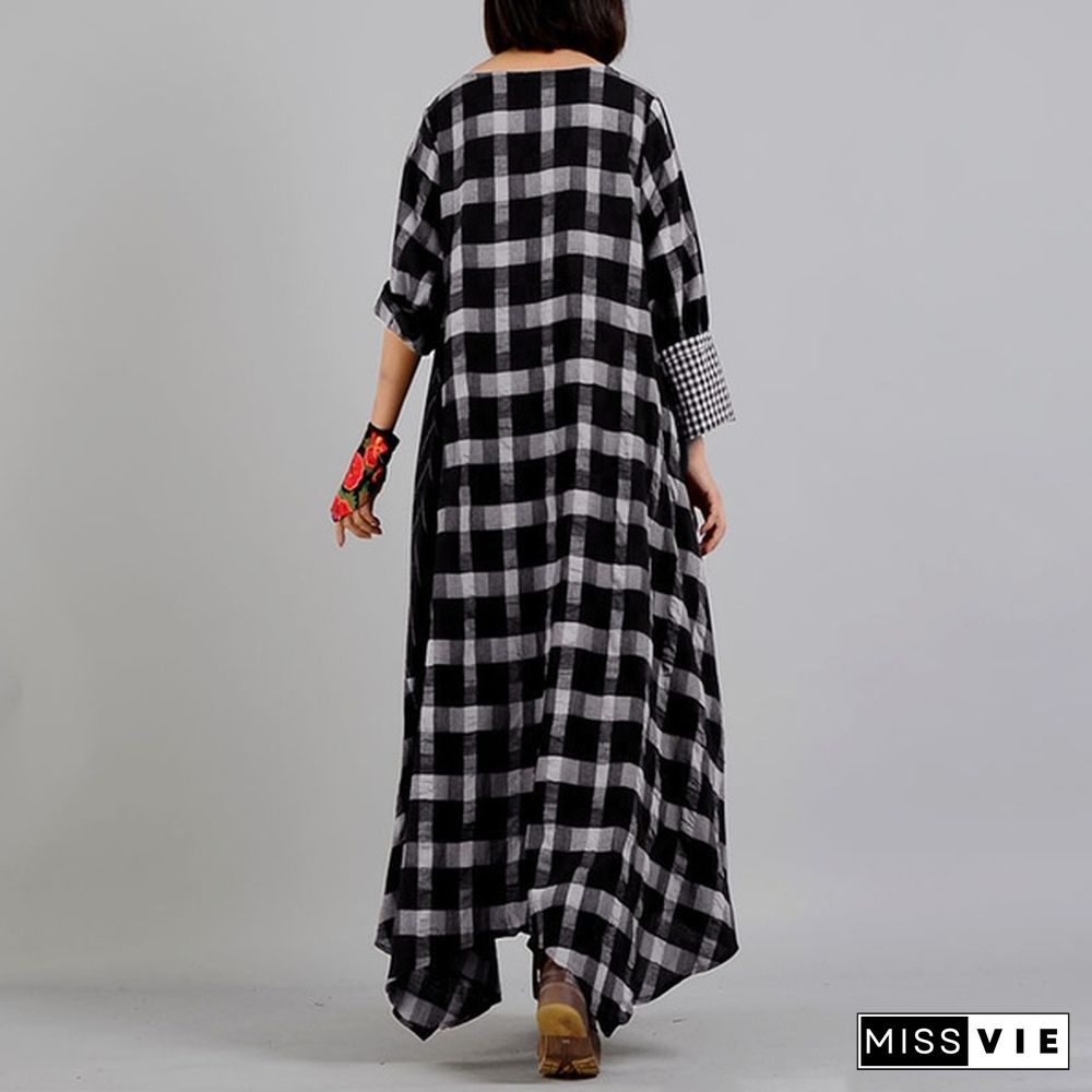 Zanzea Women Casual Loose Baggy Kaftan Maxi Dress Long Sleeve O Neck Check Plaid Dresses