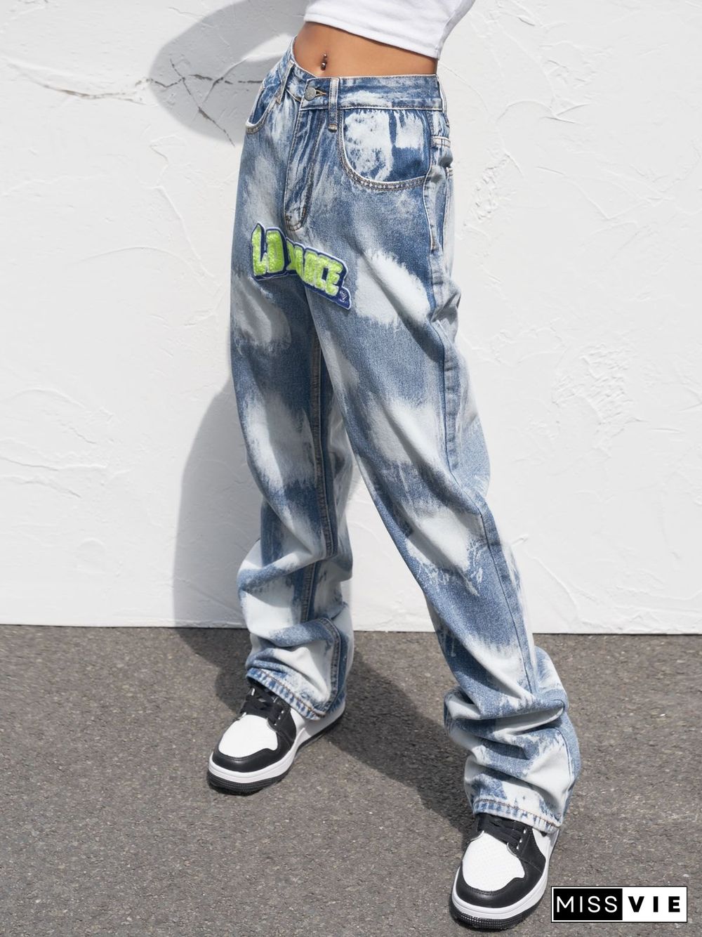 Washed Logo Patched Jeans