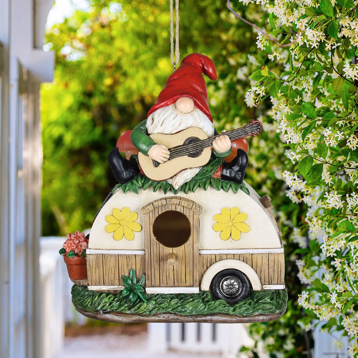 Exhart Solar Guitar Gnome on a Camper Hanging Bird House