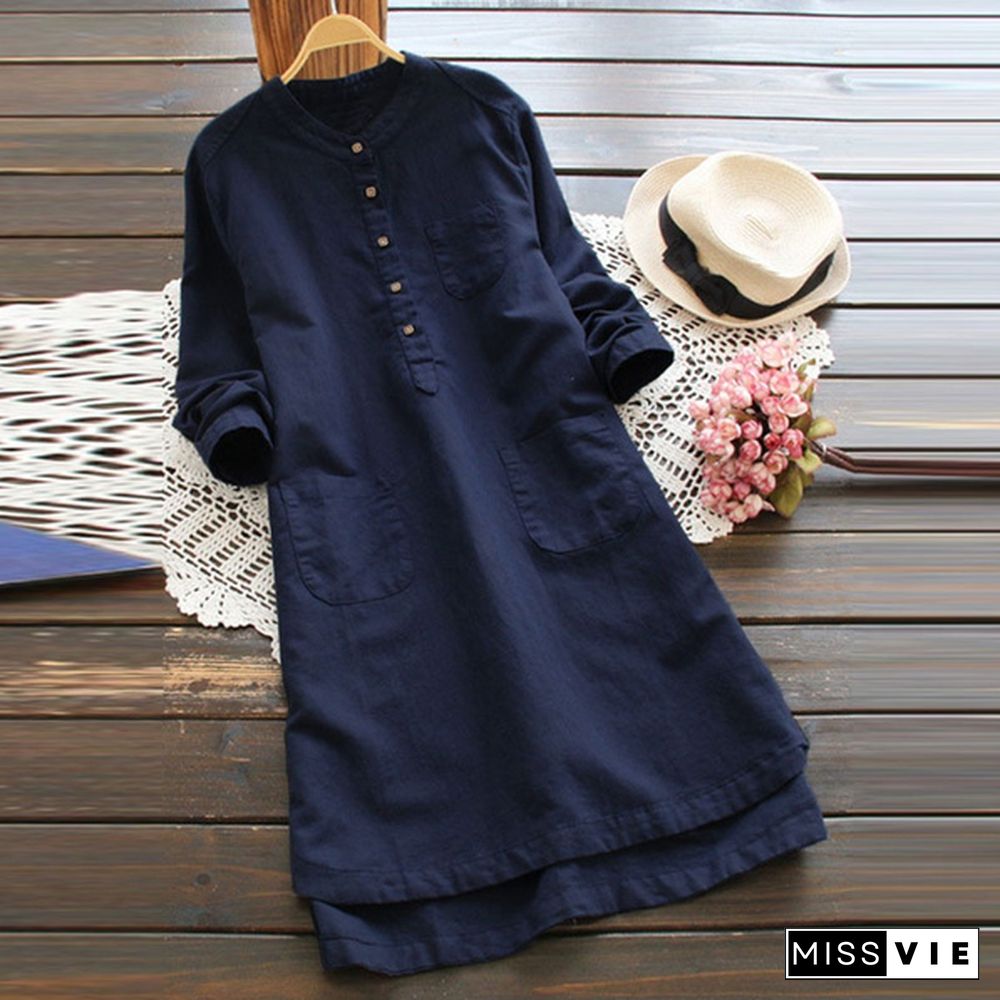 Women Long Sleeve Buttons Neck Long Shirt Dress Mini Dress Tops Mini Robe Plus