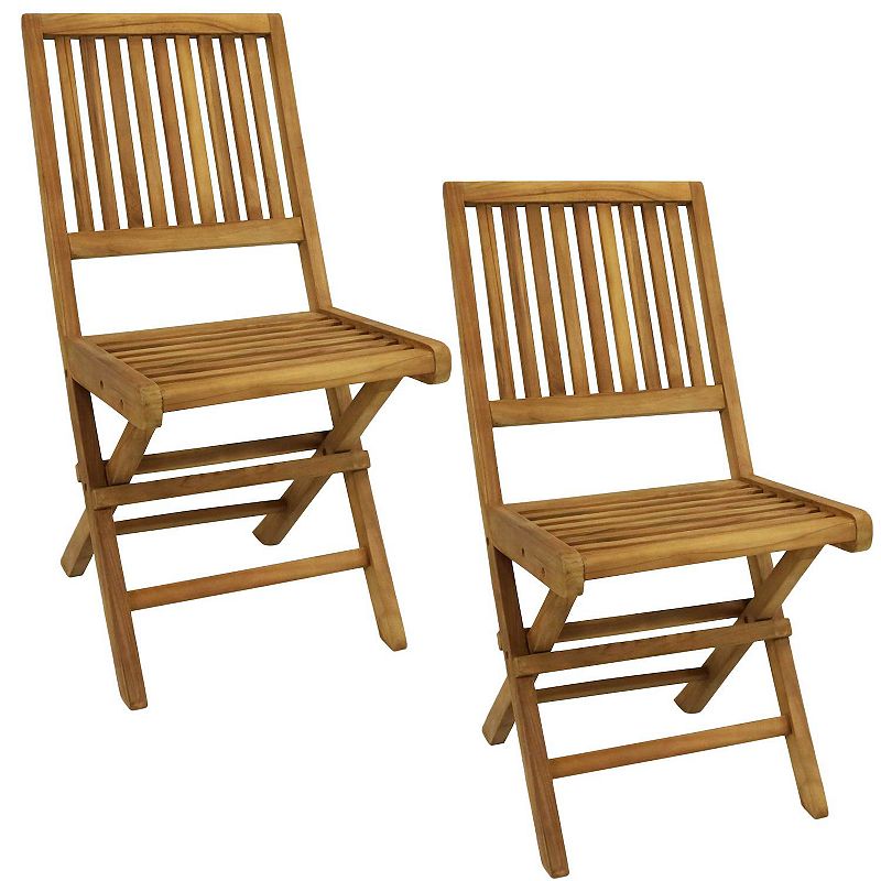 Sunnydaze Nantasket Solid Teak Folding Slat-Back Patio Chair - Set of 2