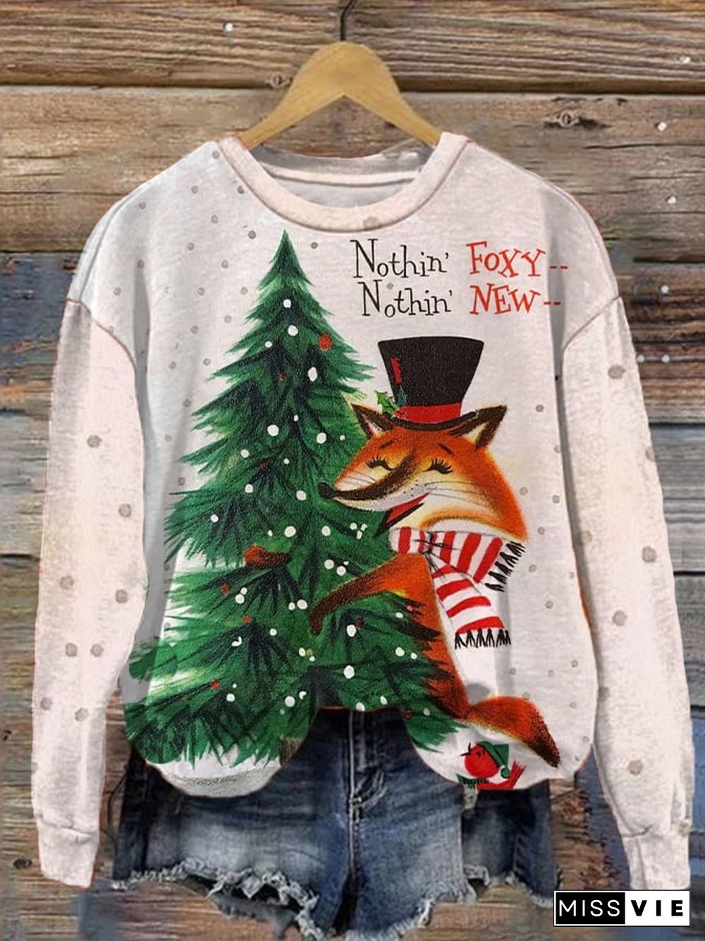 Women's Christmas Tree Cute Fox Print Sweatshirt