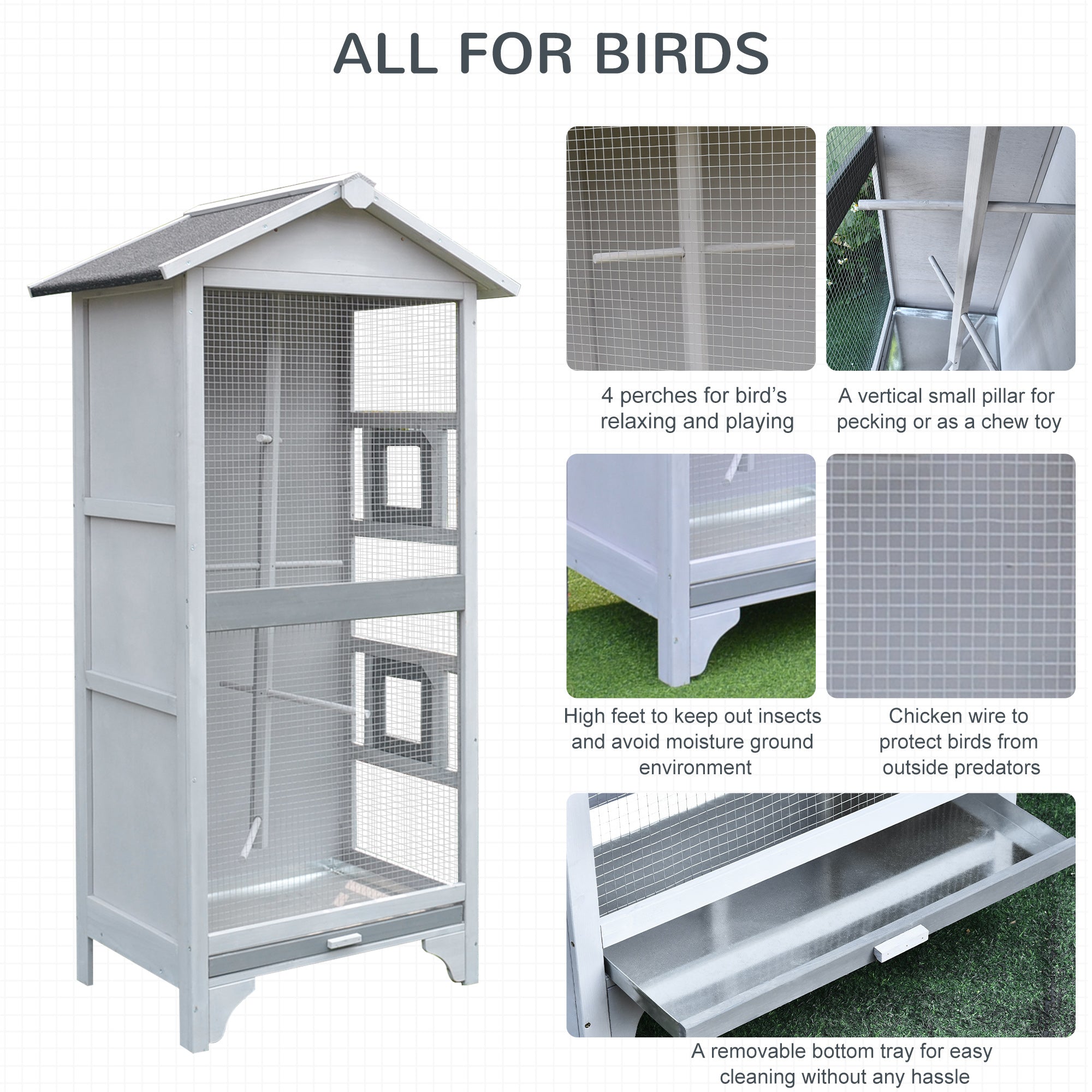 Pawhut Wooden Outdoor Bird Cage， Large Play House with Removable Bottom Tray 4 Perch