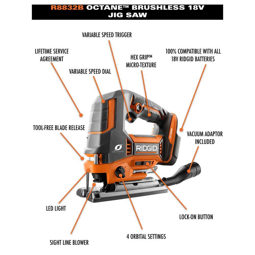 RIDGID 18V OCTANE Brushless Cordless Jig Saw (Tool Only) with All Purpose Jig Saw Blade Set (10-Piece) R8832B-A14AK101