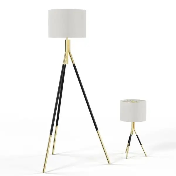 Tripod Floor Lamp and Table Lamp Set, Black and Gold - Black and Gold