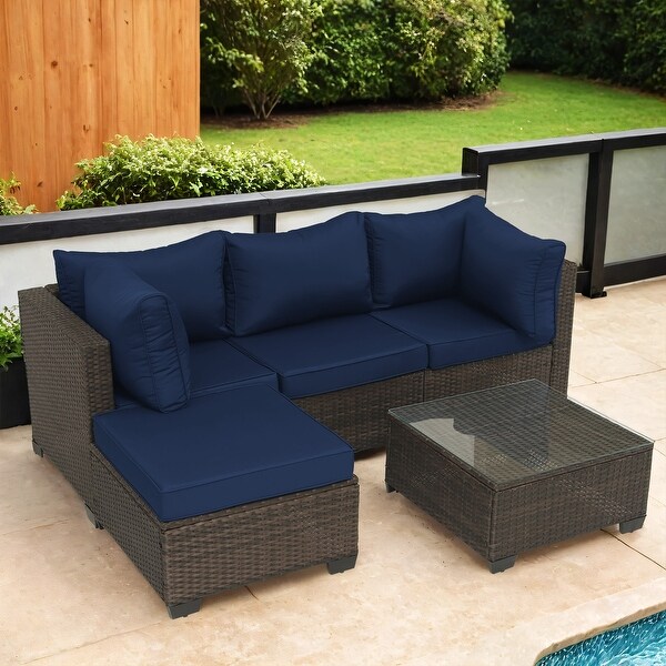 5Piece HandWoven PE Wicker Outdoor Patio Sectional Sofa Set with Cushions and Coffee Table