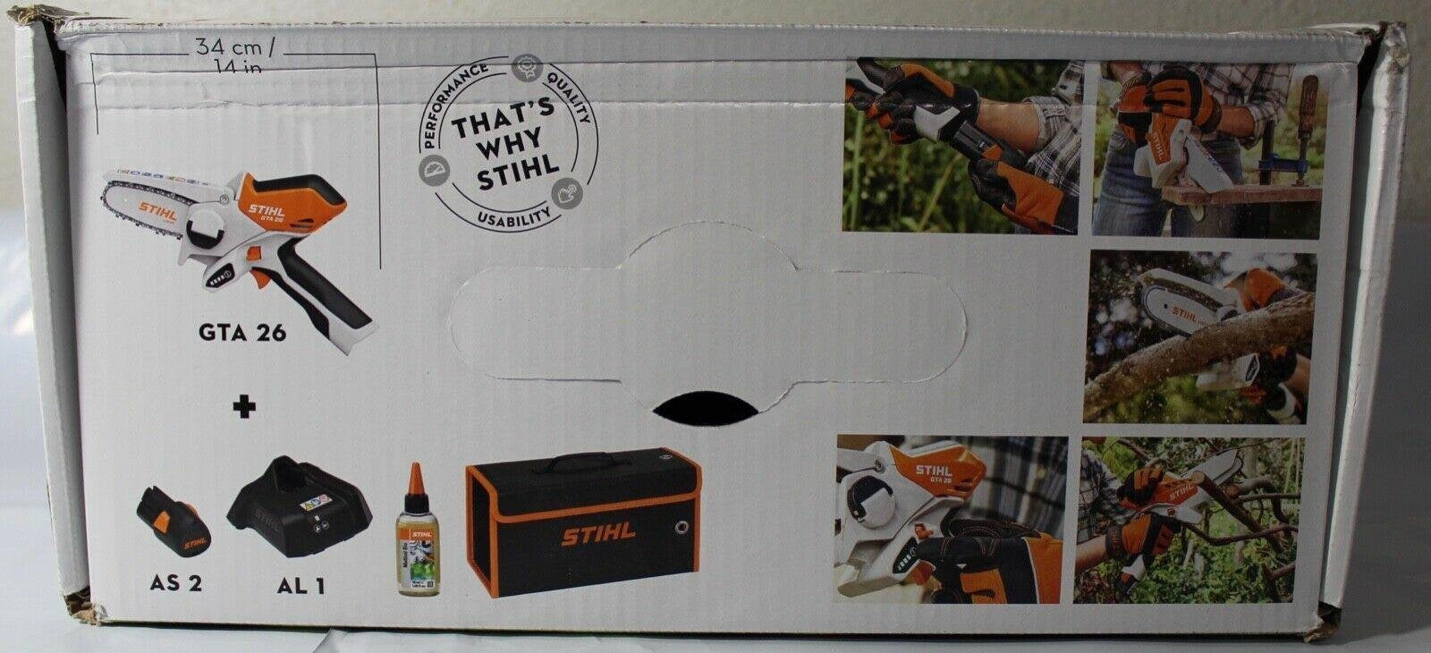 STIHL GTA 26 PRUNER CHAINSAW W/CARRYING CASE, BATTERY AND CHARGER.