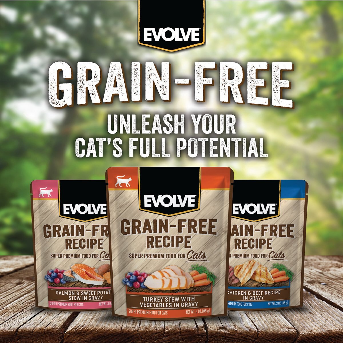 Evolve Turkey Stew with Vegetables in Gravy Grain-Free Wet Pouch Cat Food， 3-oz pouch， case of 24