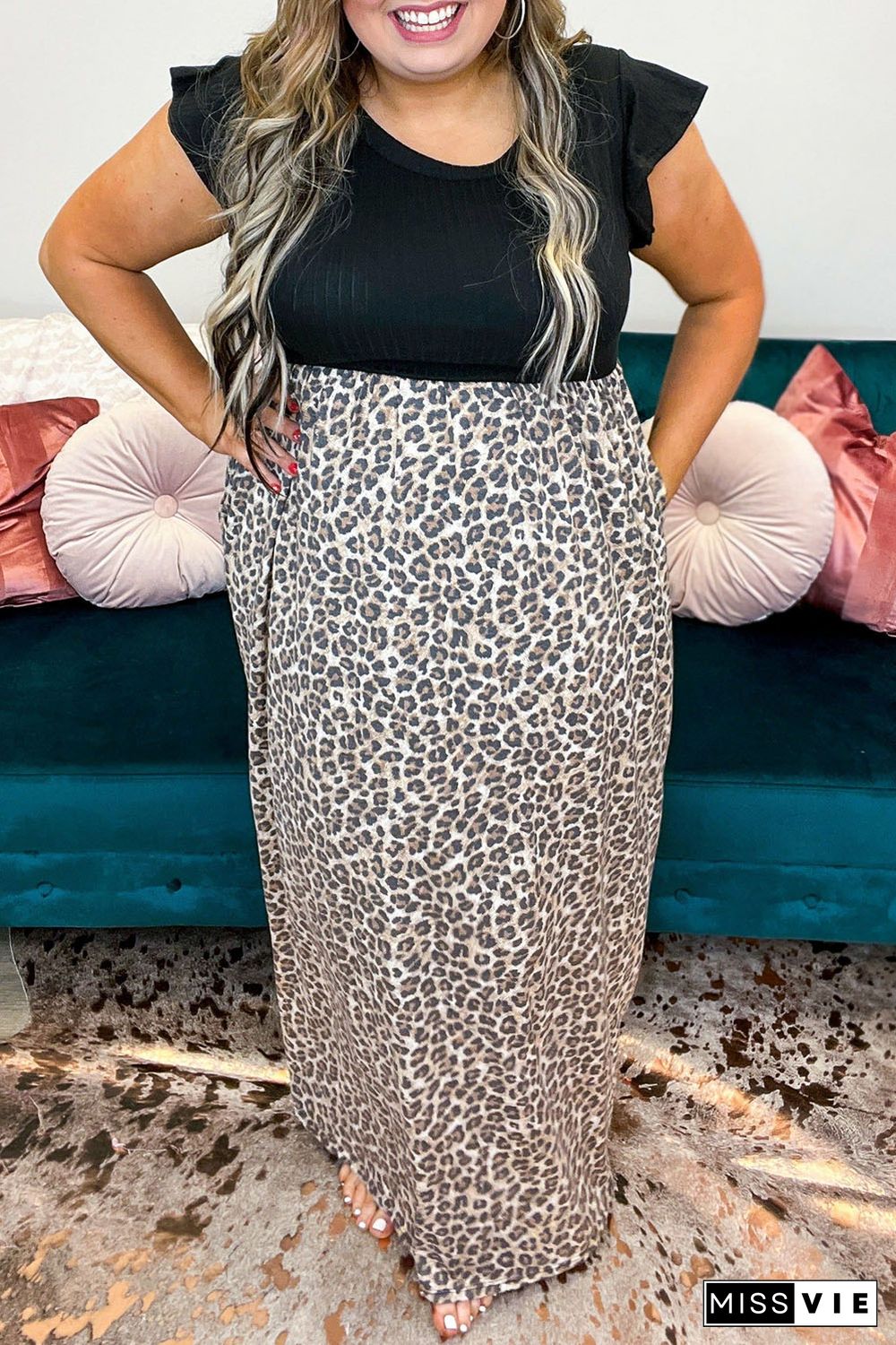 Black Plus Size Rib Leopard Short Sleeve Maxi Dress