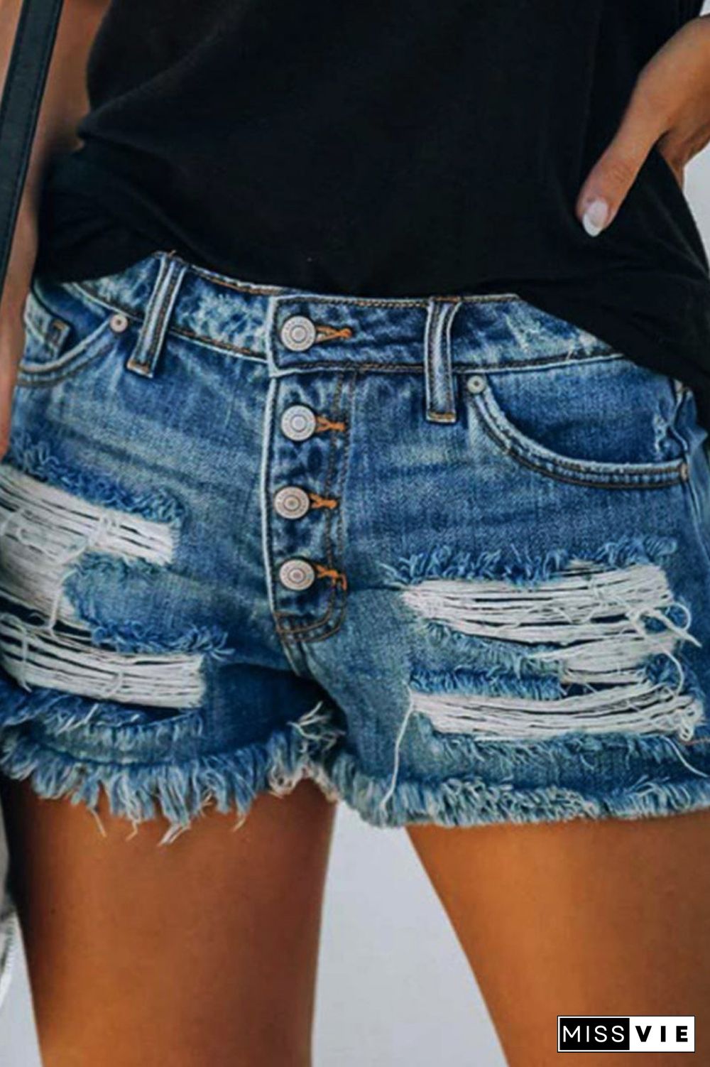 Denim Printed Hole Distressed Button Shorts