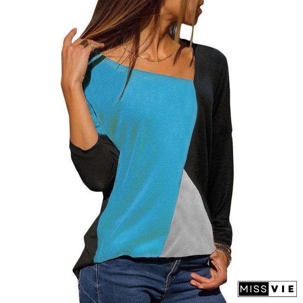 Women Long Sleeve T-Shirt Patchwork Color Block Shirt Pullover Cotton Casual Tops