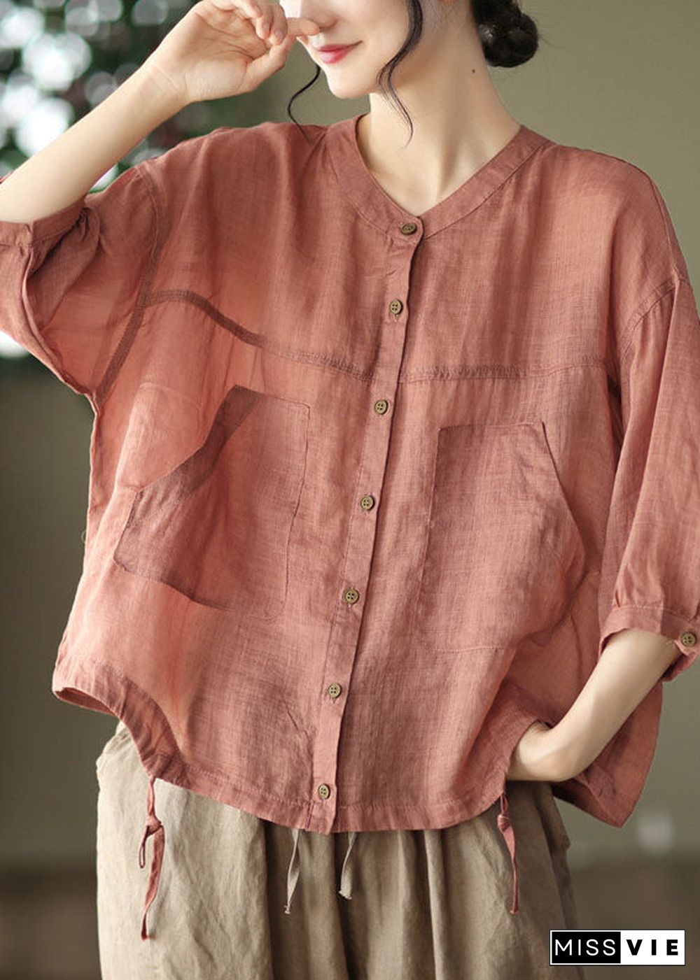 Boho Red O-Neck Oversized Pockets Linen Blouses Bracelet Sleeve