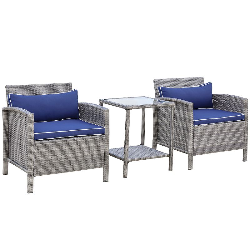 Outsunny 3 Pcs Rattan Wicker Bistro Set with Soft Cushions， Outdoor Conversation Coffee Sets with Glass Table Top and Open Storage Shelf for Patio， Backyard， Garden， Blue