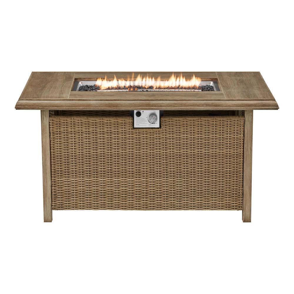 Home Decorators Collection Anaheim 49 in. x 25 in. Aluminum and Stainless Steel Tan Gas Fire Pit with Wood-Look tile Top 2388FP-2