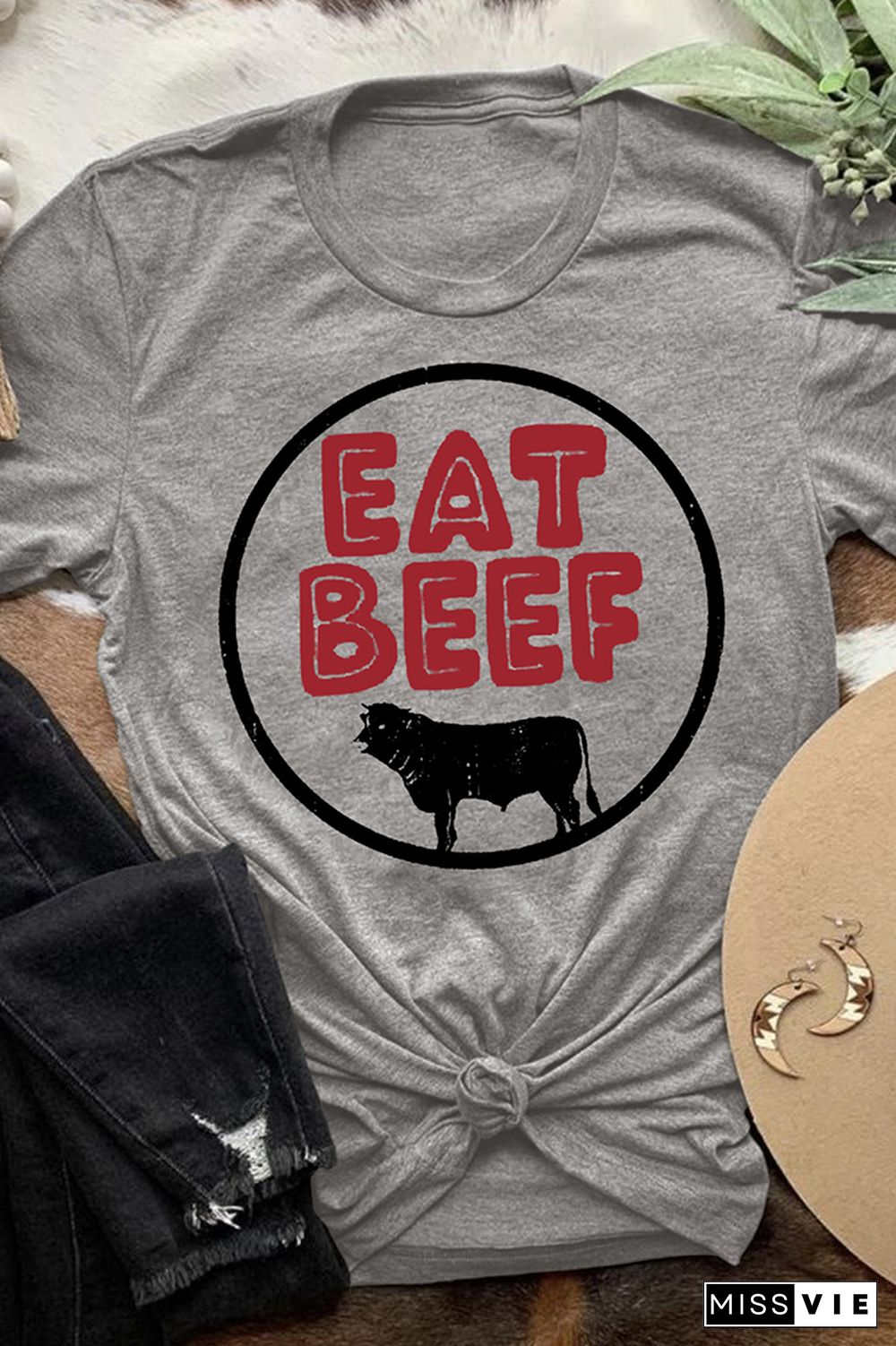 Eat Beef Print Graphic Tees for Women Wholesale Short Sleeve T shirts Top