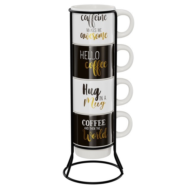 American Atelier Ceramic 4 14 Oz Mug amp Metal Rack Set For Tea amp Coffee Coffee World Text Black white