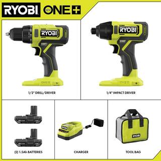 RYOBI ONE+ 18V Cordless 2-Tool Combo Kit with DrillDriver Impact Driver (2) 1.5 Ah Batteries and Charger PCL1200K2