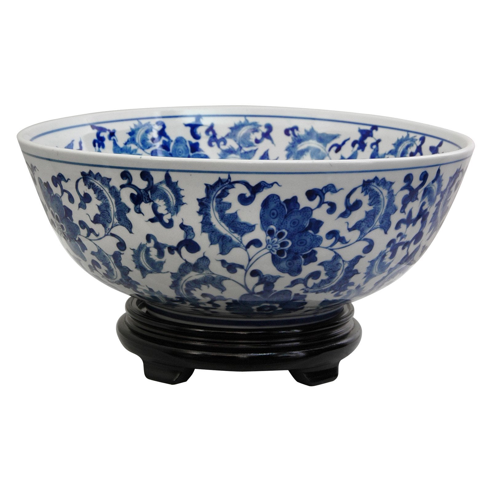 Oriental Furniture 14" Floral Blue & White Porcelain Bowl