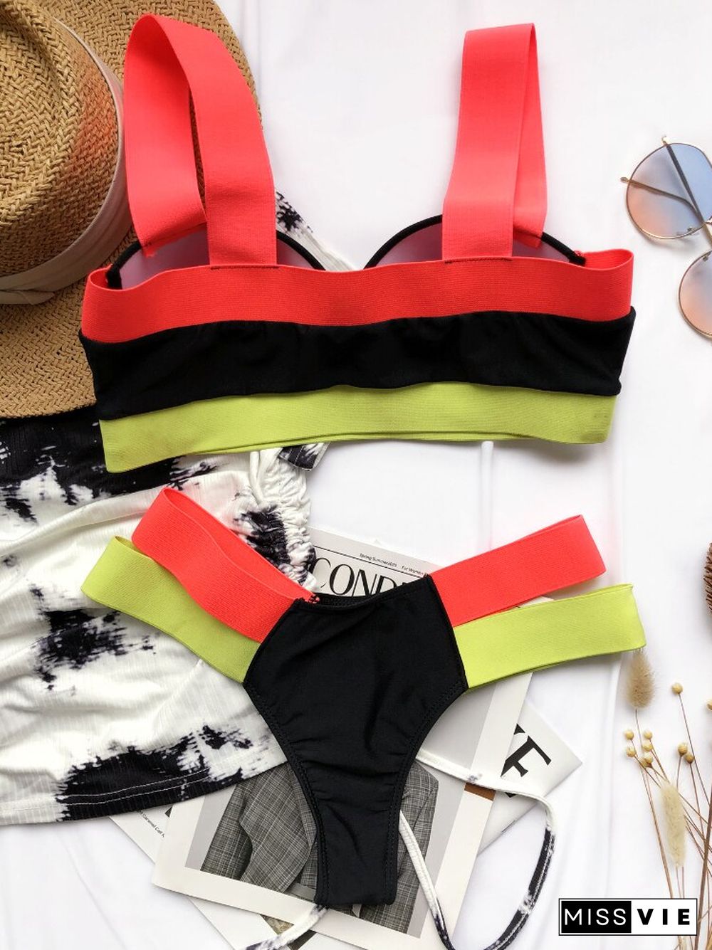 New Contrast Color Stitching Bandage Bikini Ladies Hard Steel-clad Bathing Suit 2 Piece Set Women Beach Style Swimsuit