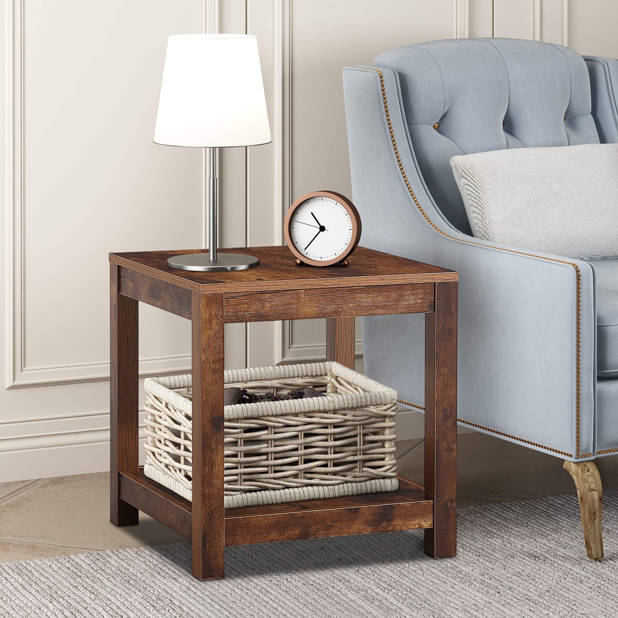 2-Tier End Table with Storage Shelf， Wood Side Table for Living Room - 17.7”