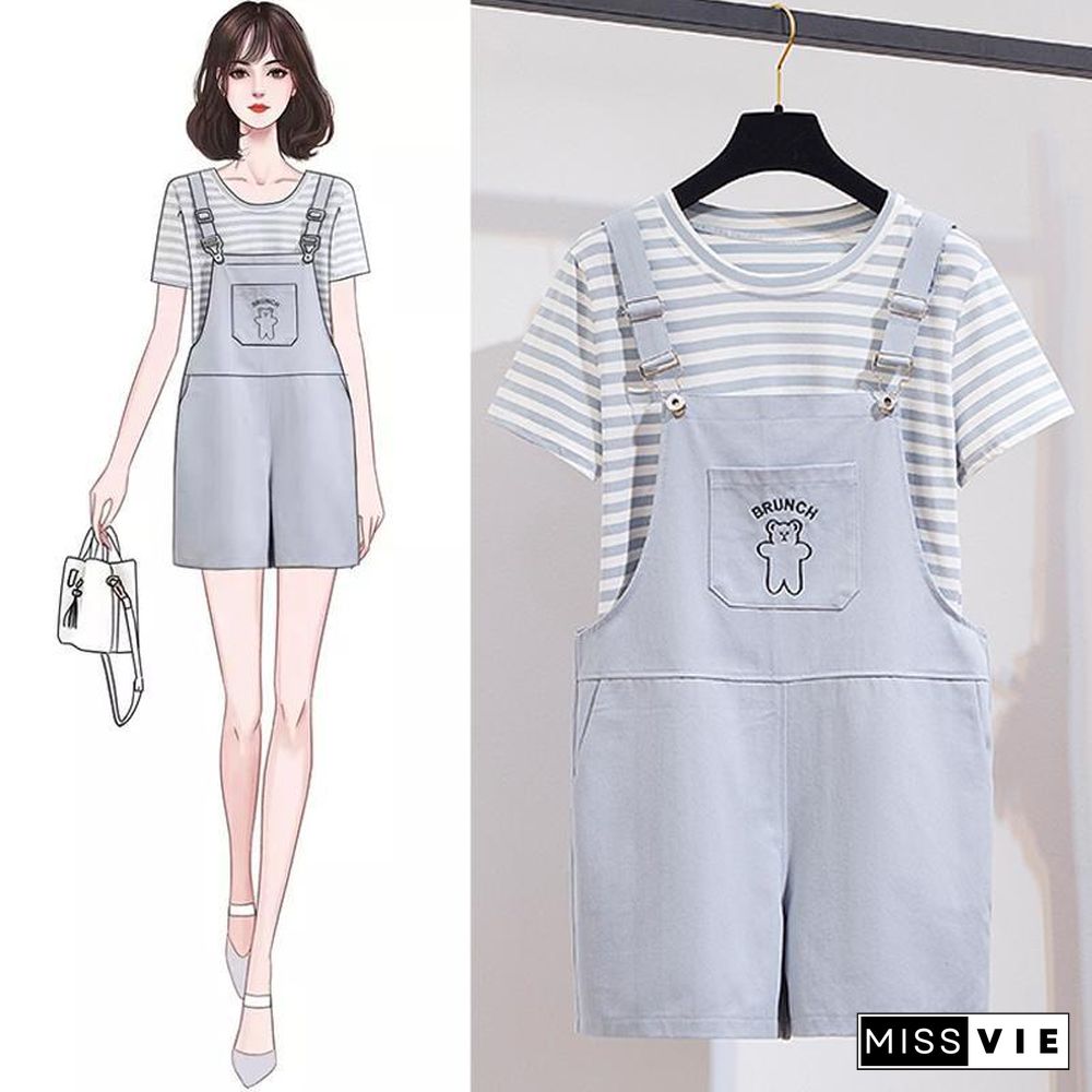 Cute Stripe Tee+Bear Rompers P11168