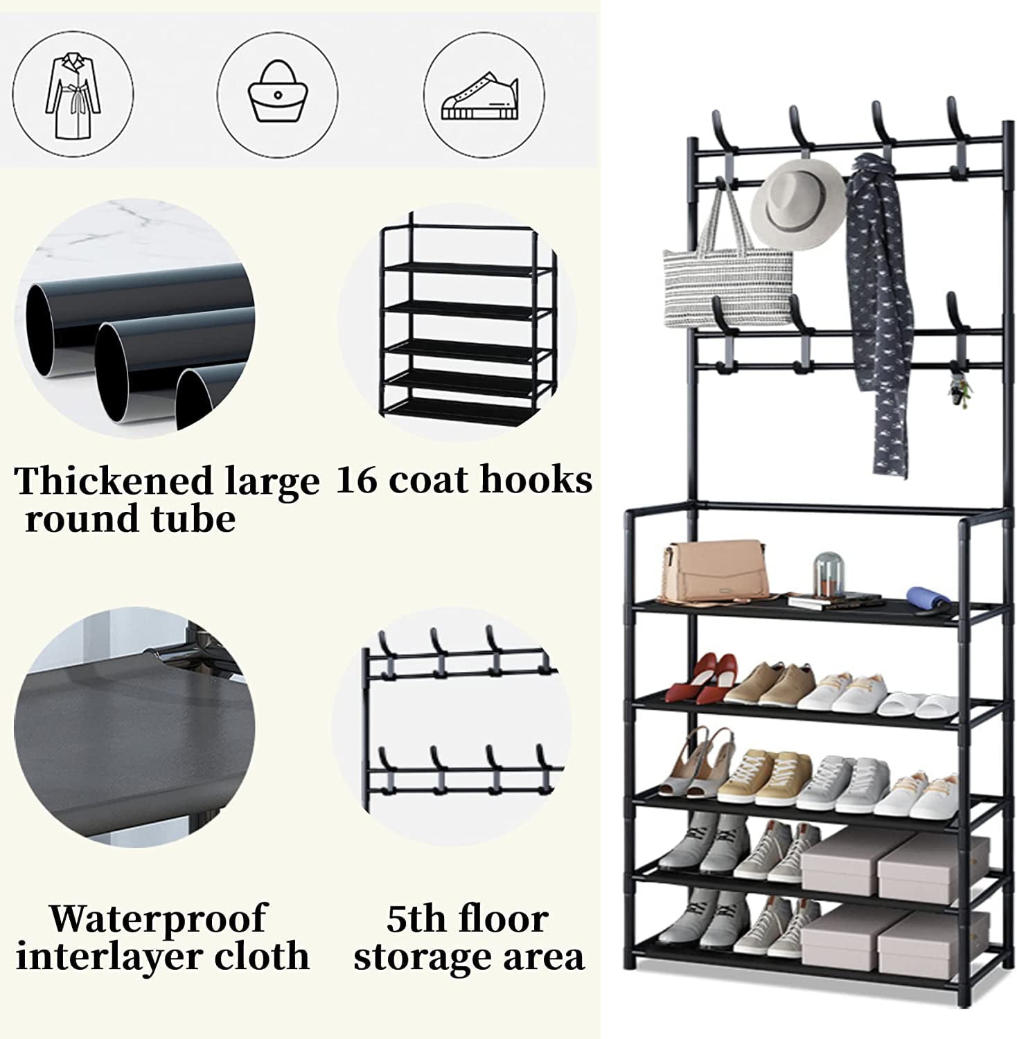 3-in-1 Entryway Coat Rack， Clothes Rack with Shoe Storage Bench， Multifunctional Hallway Organizer 5-Tier Shoe Rack 16 Hooks， Suitable for Hats， Clothing， Keys， Umbrellas