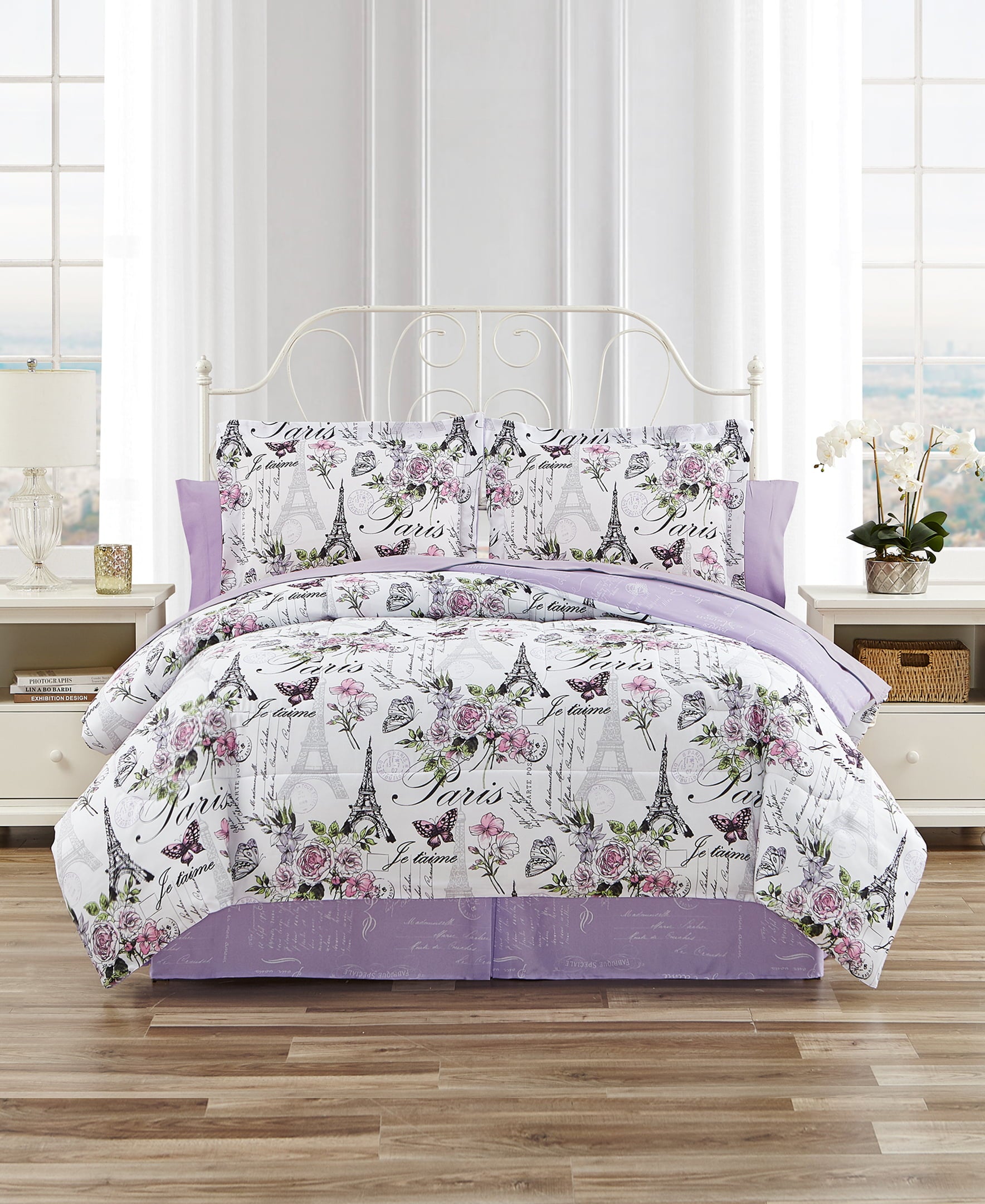 CEDAR COURT Paris Floral Lilac Ultra Soft Microfiber 6 Piece Reversible Comforter Bedding Set - Twin