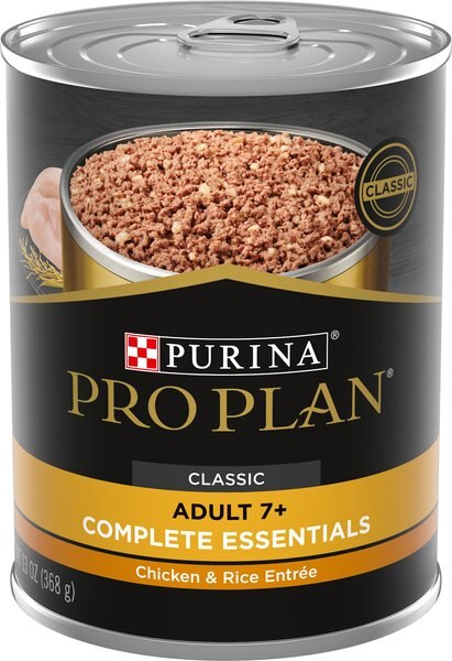 Purina Pro Plan Adult 7+ Complete Essentials Chicken and Rice Entree Wet Dog Food， 13-oz can， case of 12