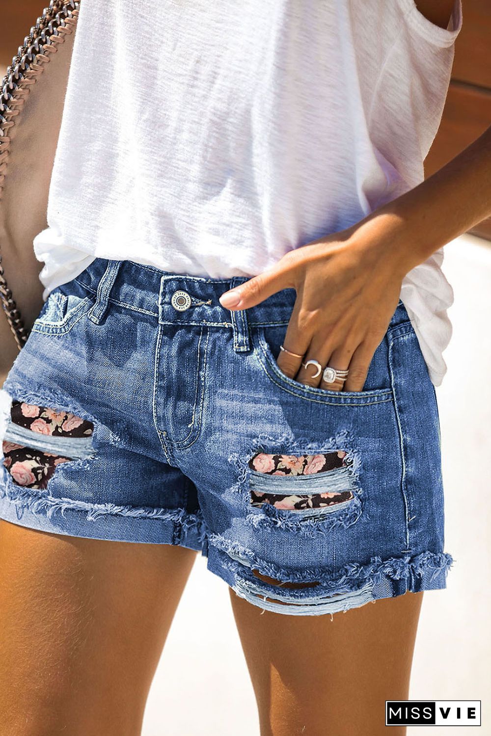 Black Floral Patchwork Rolled Hem Denim Shorts