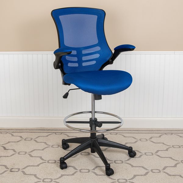 Kelista Mid-Back Blue Mesh Ergonomic Drafting Chair with Adjustable Foot Ring and Flip-Up Arms