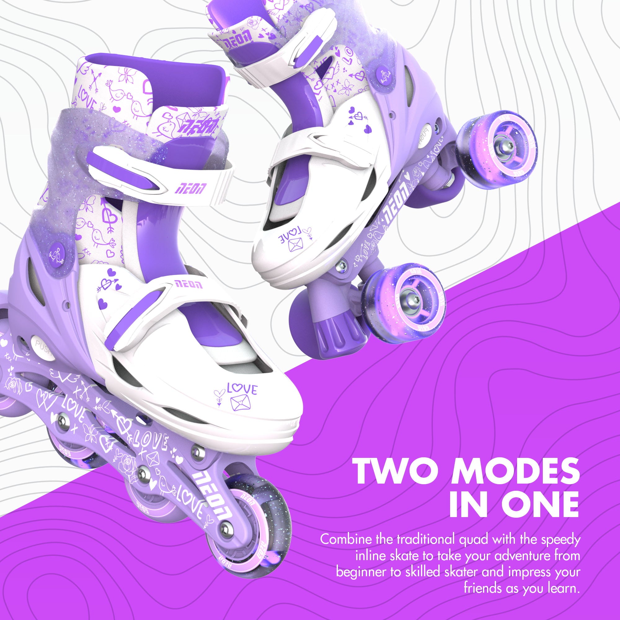 Neon Combo 2-in-1 Child Skates Inline and Quad - Girls, Size 3-6 Adjustable, One Pair, Purple