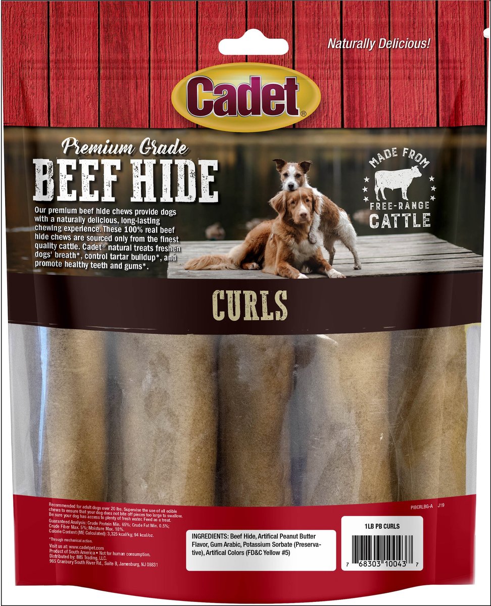 Cadet Premium Grade Beef Hide Chew Curls Dog Treats， Peanut Butter， 1-lb bag