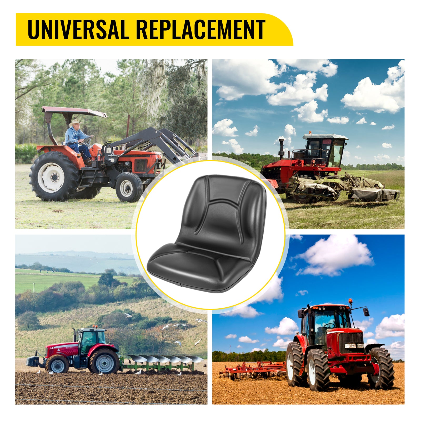 VEVOR Universal Kubota Seat Replacement， Compact High Back Tractor Seat， Black Vinyl Forklift Seat， 17.8