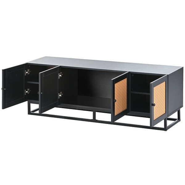 TV Stand Entertainment Cabinet Console Table with 4 Textured Rattan Doors and 2 Adjustable Panels