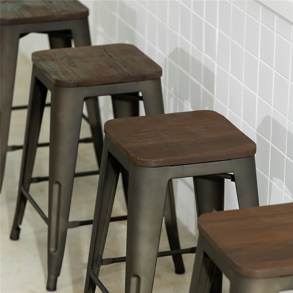 Homy Casa Stackable Metal Counter Stools with Solid Wood Seat