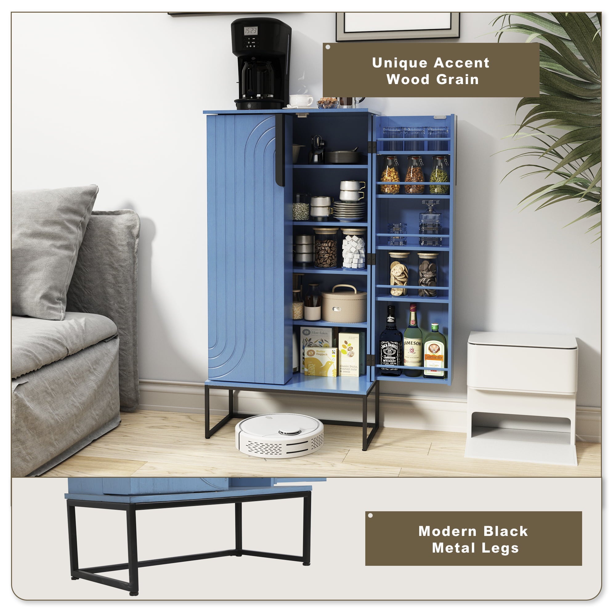 HLR 46 inches Blue Pantry Cabinets， Kitchen Pantry with Doors and Shelves for Kitchen， Blue Pantry Storage Cabinet with Black Metal Base for Living Room and Dining Room