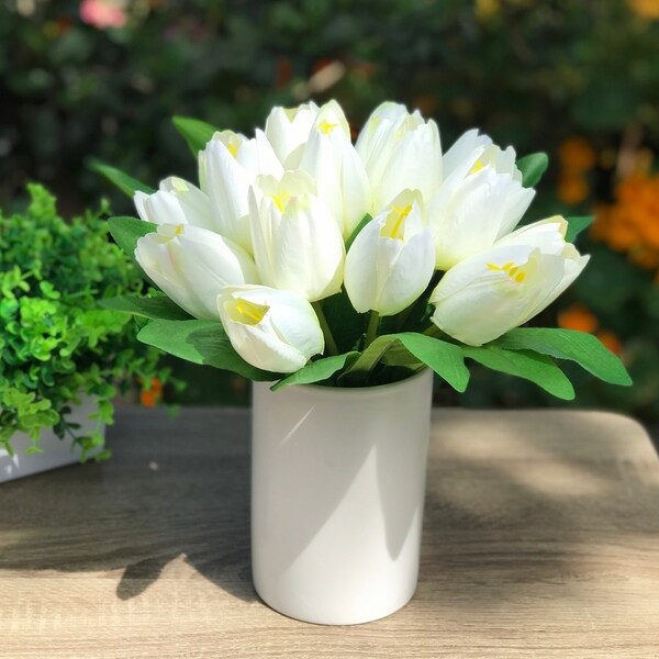 Enova Home 18 Heads Artificial Silk Tulips Fake Flowers Centerpieces in White Ceramic Vase for Home Decoration Wedding Party