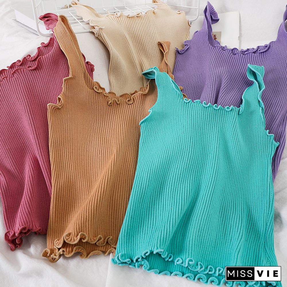 Pearl Diary 7 Colors Rib Knit Tank Tops Lettuce Edge Sexy Sleeveless Tops Summer Candy Color Sweet Tops For Women Beach Hot Top