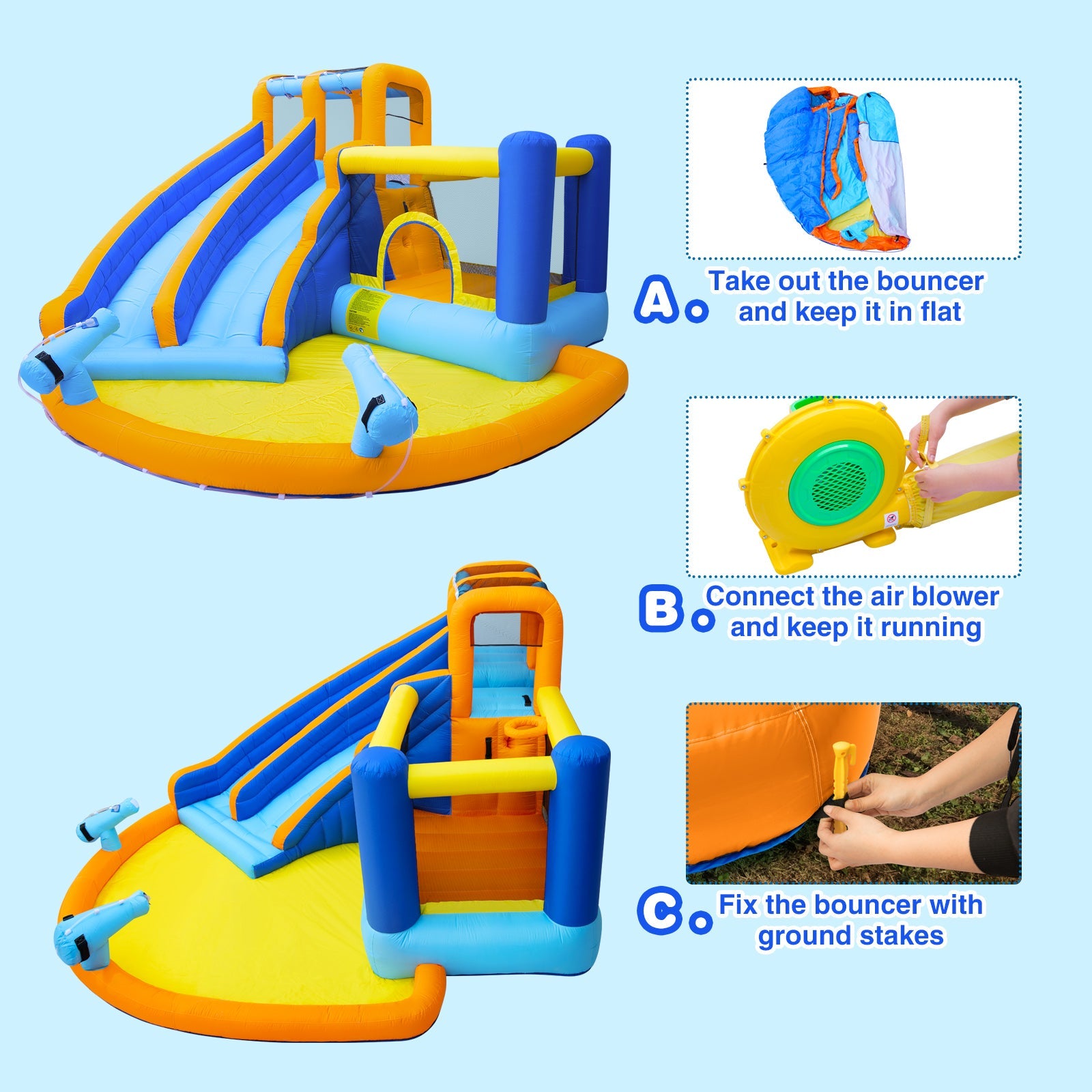 JOYLDIAS Kids Inflatable Water Slide Giant Water Park Double Slide Bouncer Playhouse Castle with 4 Water Guns, Pool, Jump Area, Climbing Wall, Air Blower