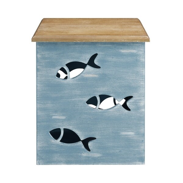 Creekview Coastal Square Metal Accent Side Table with Cutout Fish， Natural Top and Blue Base