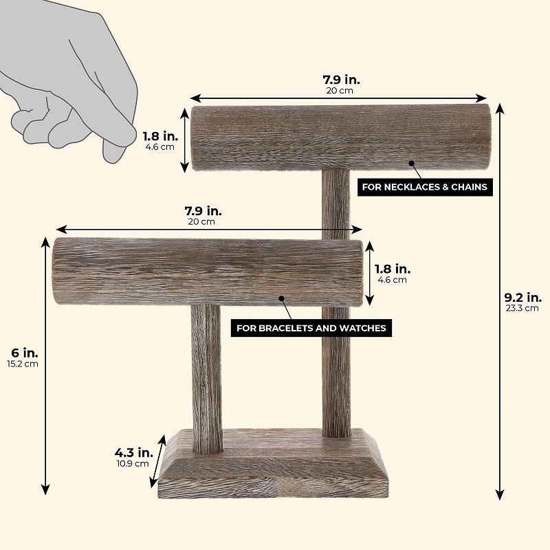 Rustic 2-Tier Jewelry Stand Organizer， Wooden T-Bar Necklace and Bracelet Holder for Accessories (8 x 4 x 9 In)