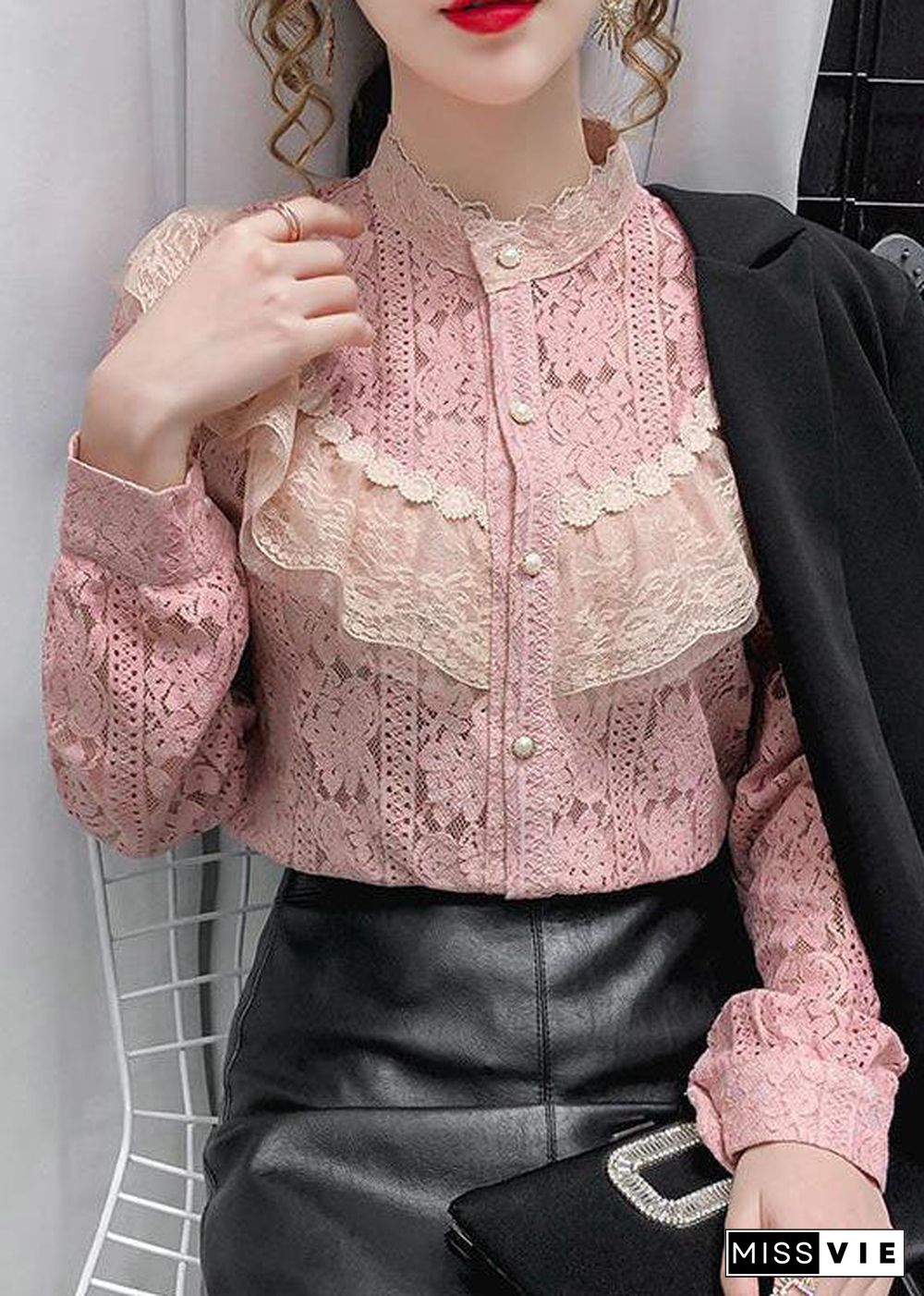 Pink Lace Loose Shirt Top button Hollow Out Long sleeve