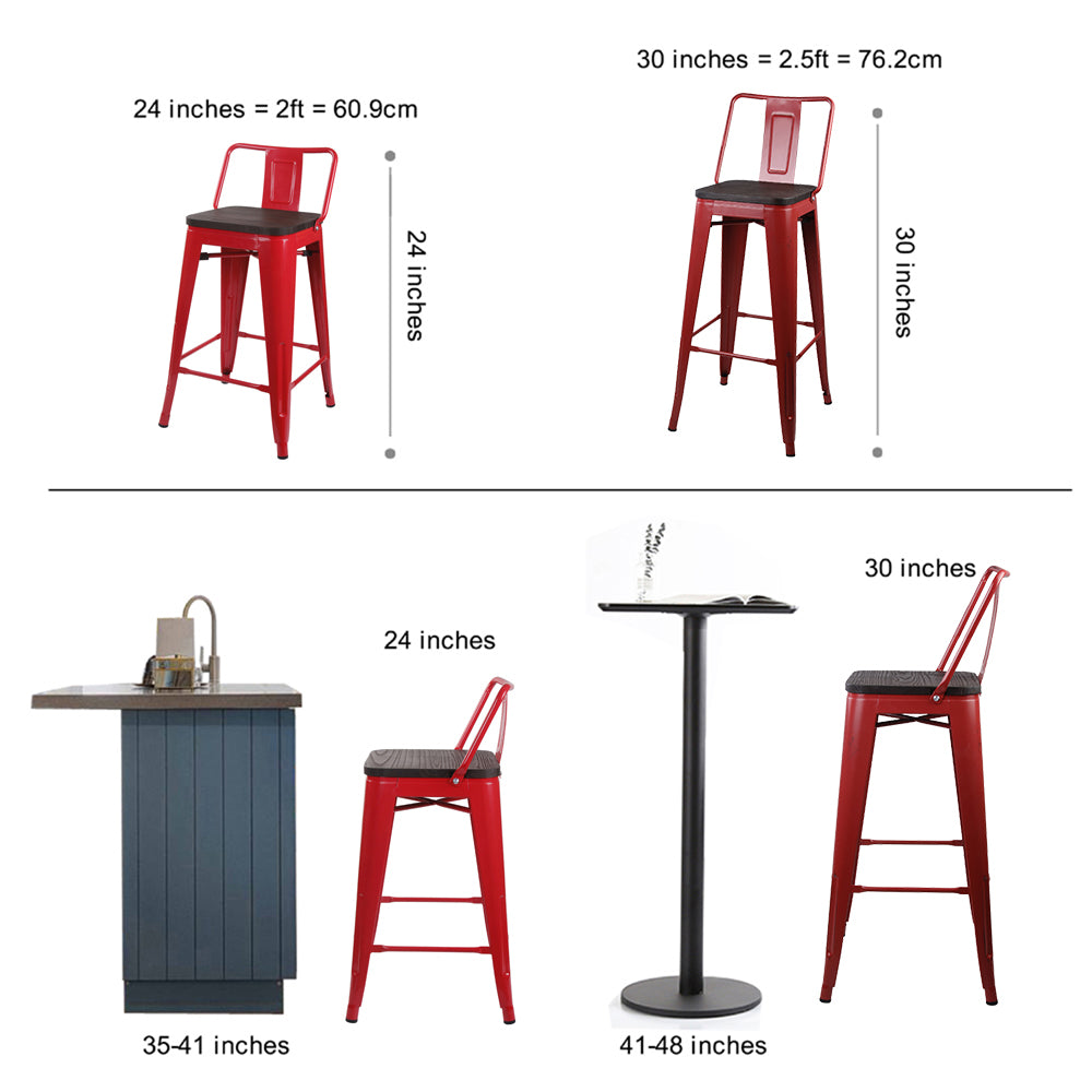 GIA Design Group 30 Inch Middle Back Metal Stool with Wood Seat， Antique Red