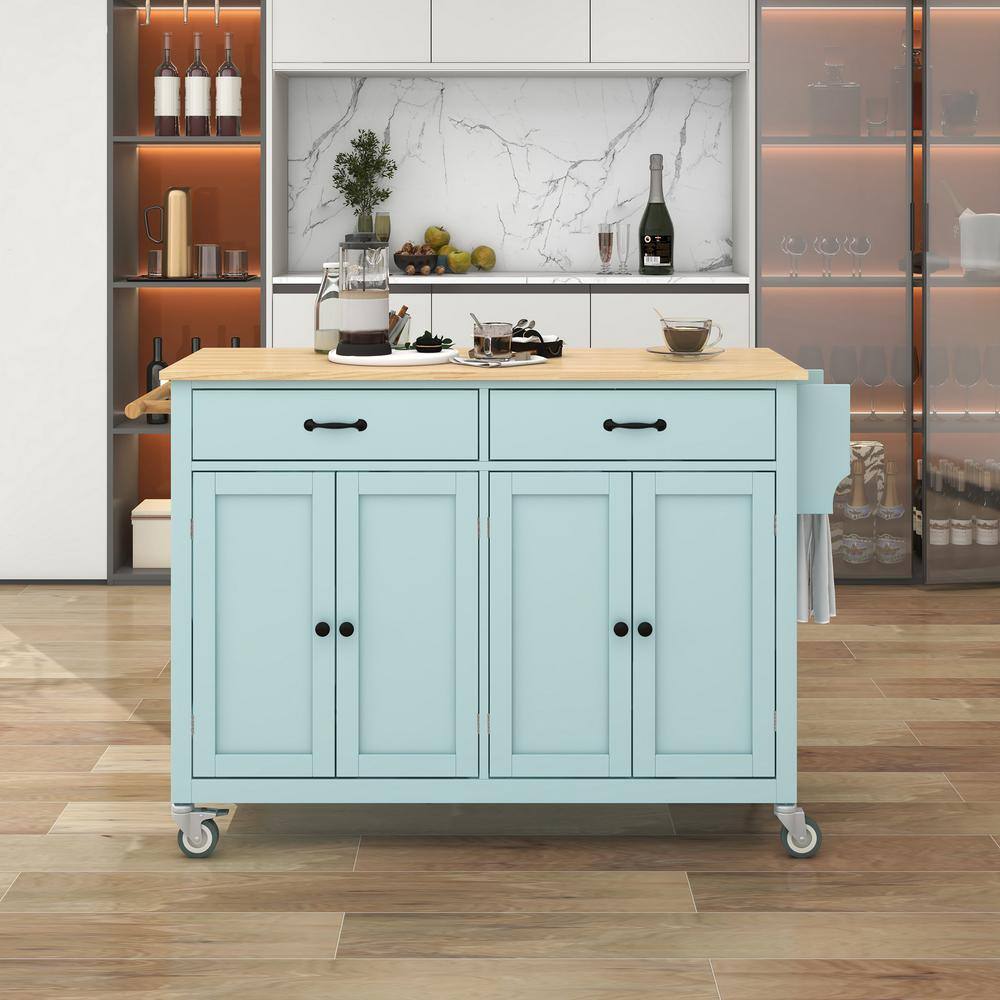 Mint Green Rubberwood Top 54.3 in. Kitchen Island Cart Locking Wheels Spice Towel Rack with 4-Door Cabinet and 2-Drawer EC-KIW-5202