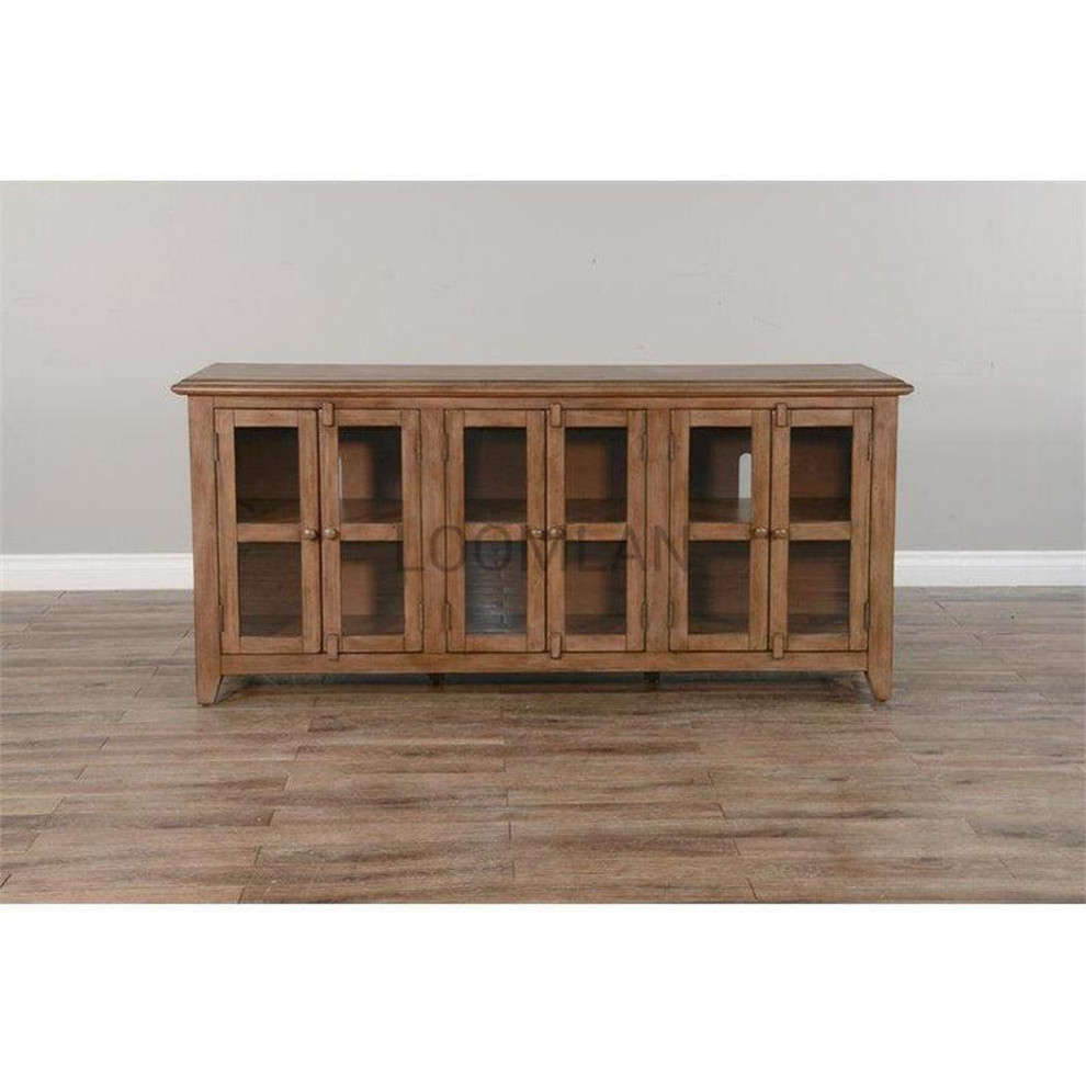 70 quotDistressed Brown TV Stand Media Console Glass Doors Storage Cabinet   Transitional   Entertainment Centers And Tv Stands   by Sideboards and Things  Houzz