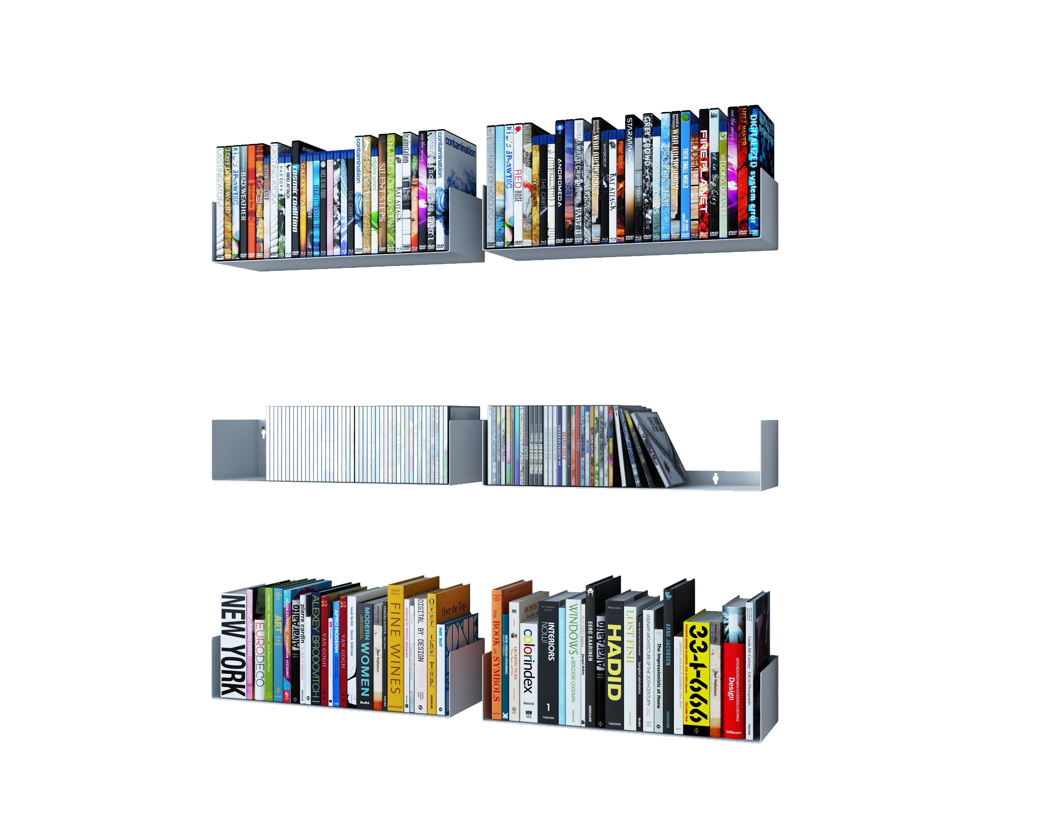 Wallniture Bali Floating DVD Shelf Media Organizer Set of 6 U-Shape Wall Shelves Metal Bookcase for CDs, Photos, Picture Frames