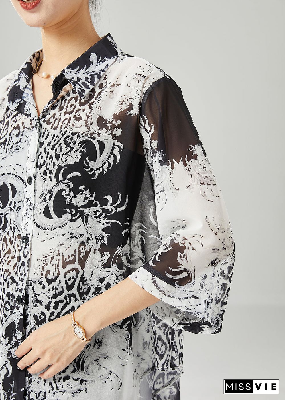 Plus Size Black White Print Oversized Chiffon Blouses Half Sleeve