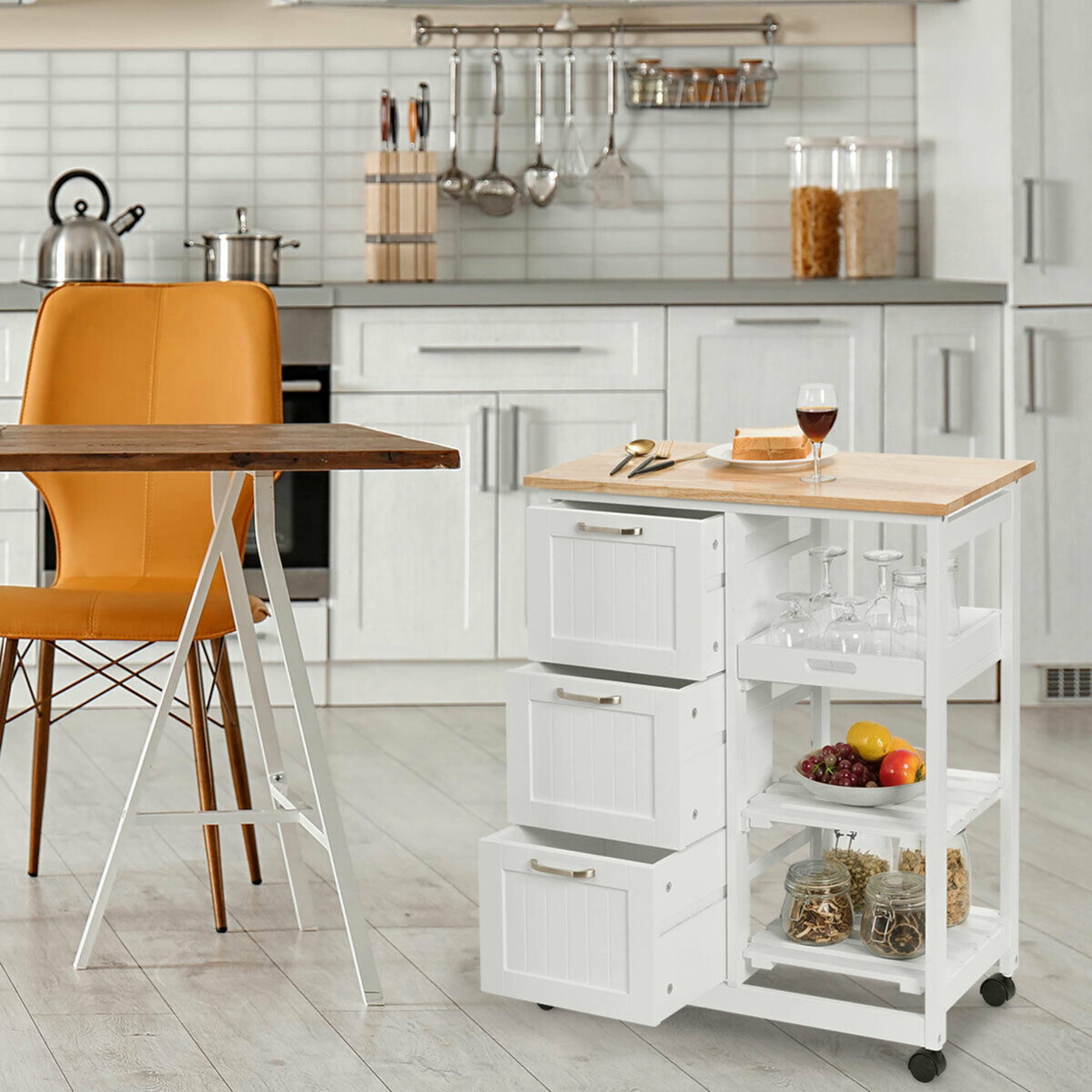 Gymax Rolling Kitchen Island Utility Storage Cart w/ 3 Storage Drawers and Shelves White